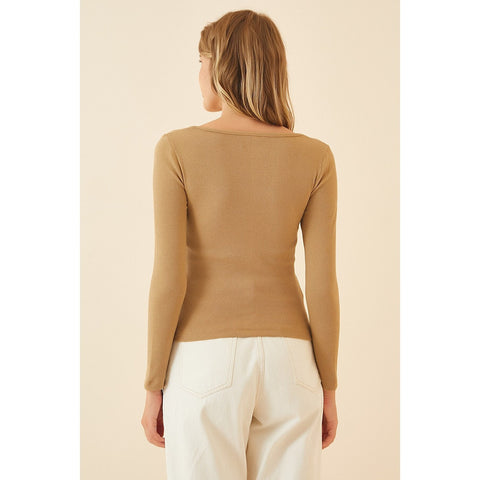 Beige Square Collar Corduroy Knitted Blouse | Montivo Pakistan