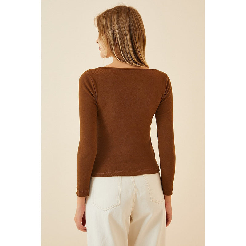 Brown Square Collar Corduroy Knitted Blouse | Montivo Pakistan