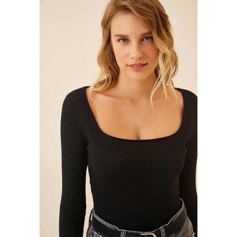 Black Square Collar Corduroy Knitted Blouse | Montivo Pakistan