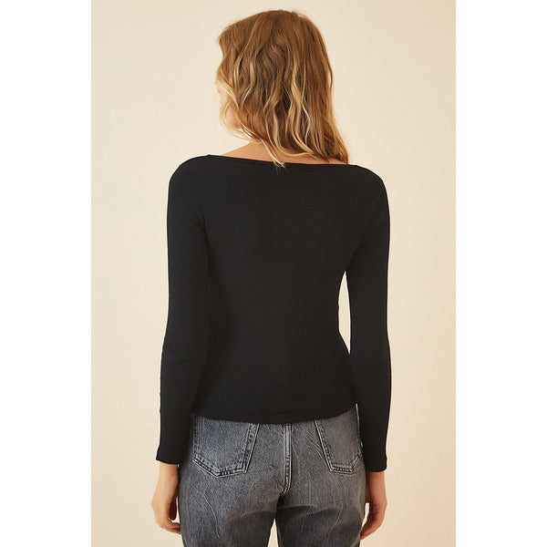 Black Square Collar Corduroy Knitted Blouse | Montivo Pakistan
