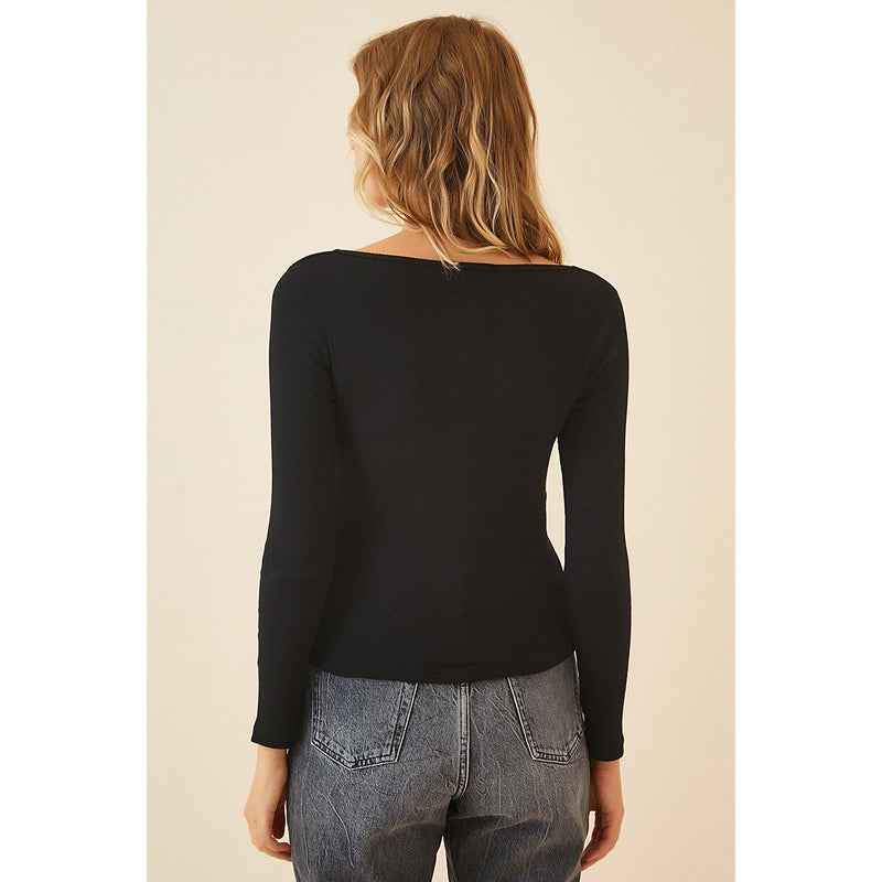 Black Square Collar Corduroy Knitted Blouse | Montivo Pakistan