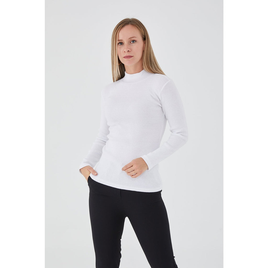 White Turtleneck Ribbed Knitted Blouse | Montivo Pakistan