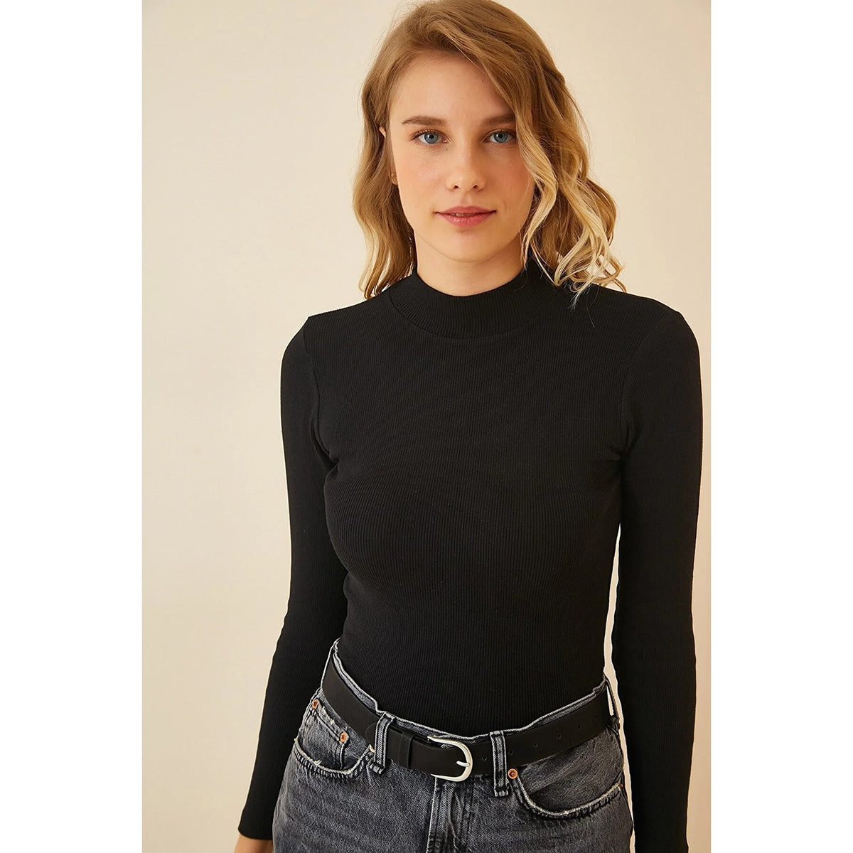 Black Turtleneck Ribbed Knitted Blouse | Montivo Pakistan