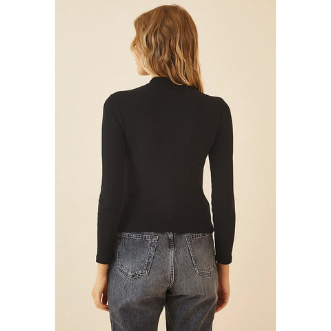 Black Turtleneck Ribbed Knitted Blouse | Montivo Pakistan