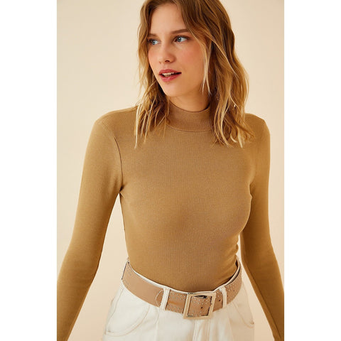 Beige Turtleneck Ribbed Knitted Blouse | Montivo Pakistan