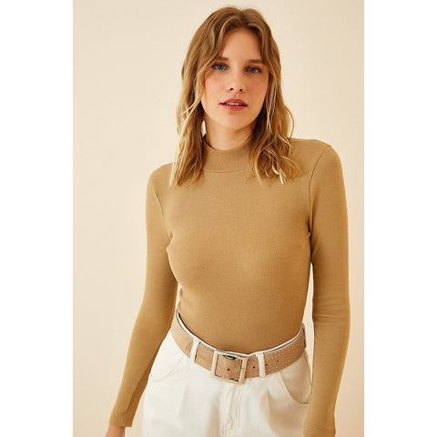 Beige Turtleneck Ribbed Knitted Blouse | Montivo Pakistan