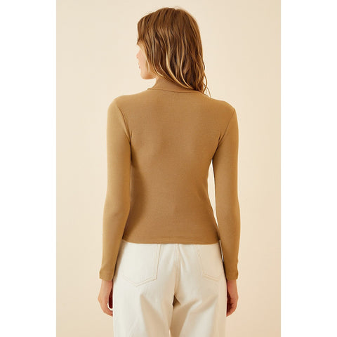 Beige Turtleneck Ribbed Knitted Blouse | Montivo Pakistan