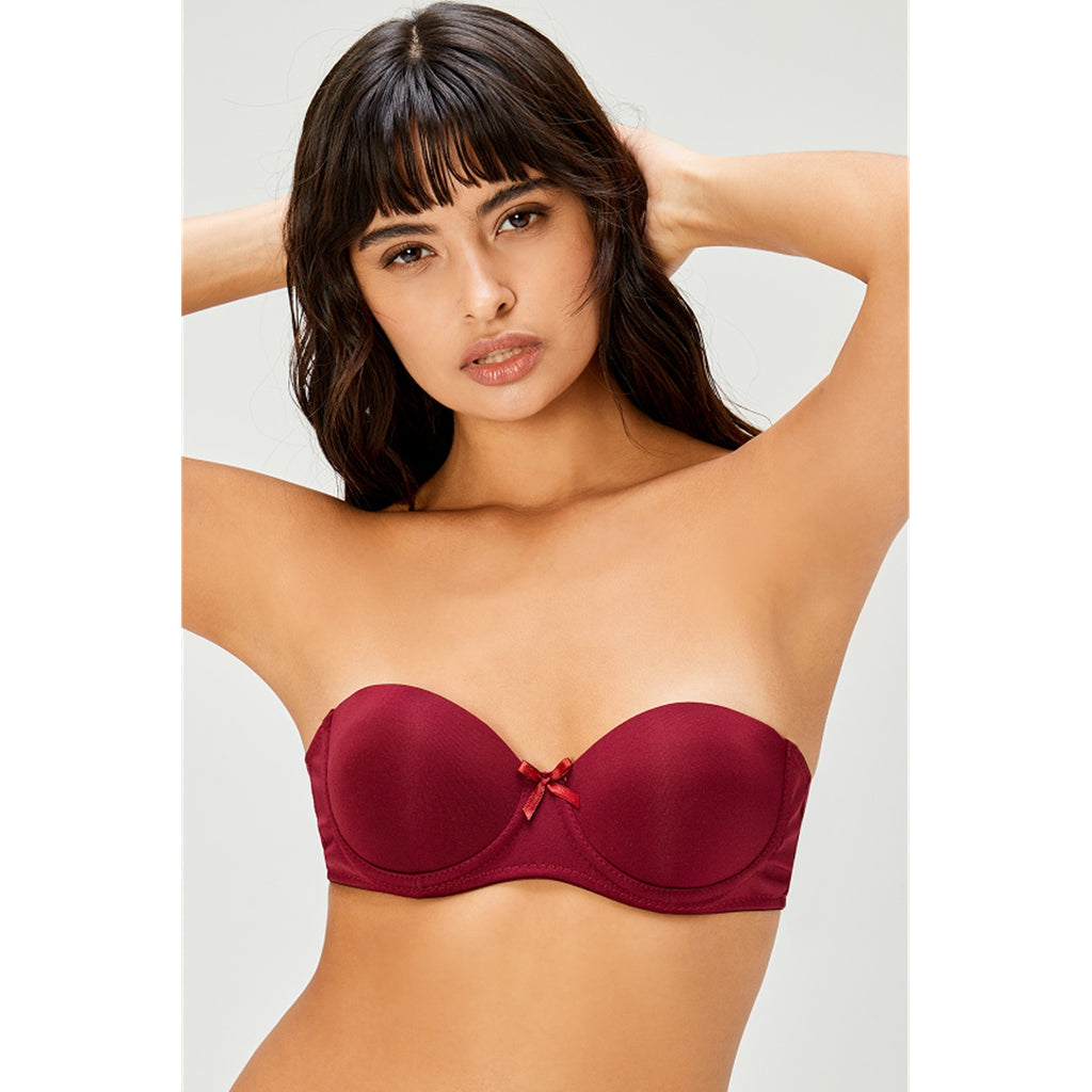 Supported Claret Red Strapless Lingerie Set | Montivo Pakistan