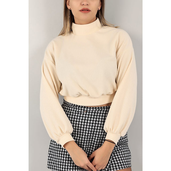 Cream Ribbed Mock Neck Top | Montivo Pakistan