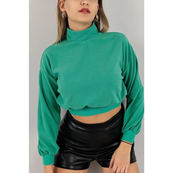 Green Ribbed Mock Neck Top | Montivo Pakistan