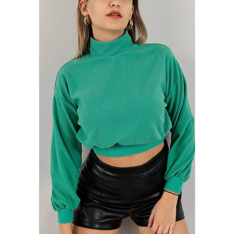 Green Ribbed Mock Neck Top | Montivo Pakistan