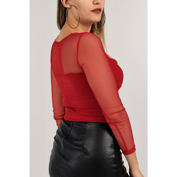 Red Mesh Ruched Square Neck Top | Montivo Pakistan
