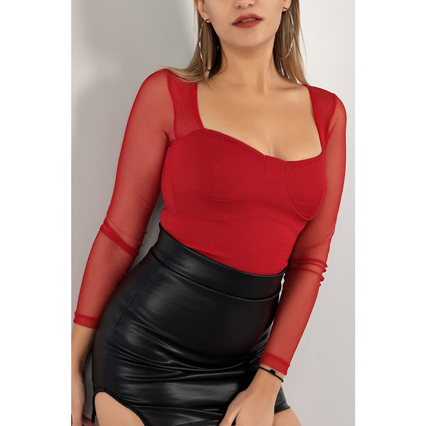 Red Mesh Ruched Square Neck Top | Montivo Pakistan