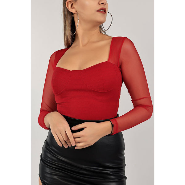 Red Mesh Ruched Square Neck Top | Montivo Pakistan