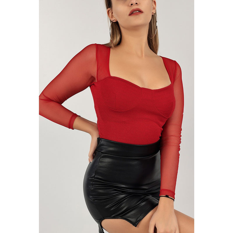 Red Mesh Ruched Square Neck Top | Montivo Pakistan