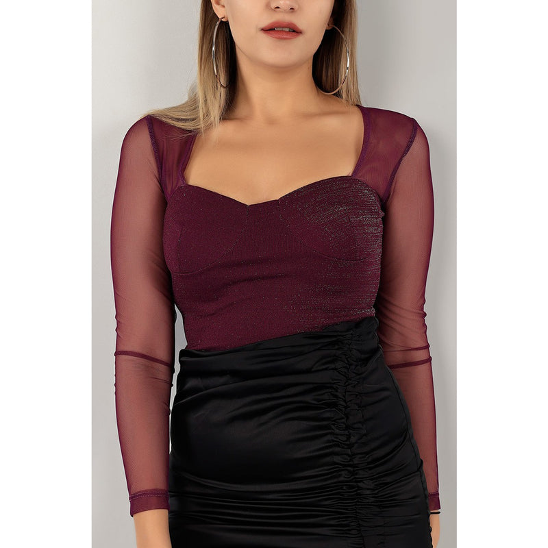 Purple Mesh Ruched Square Neck Top | Montivo Pakistan