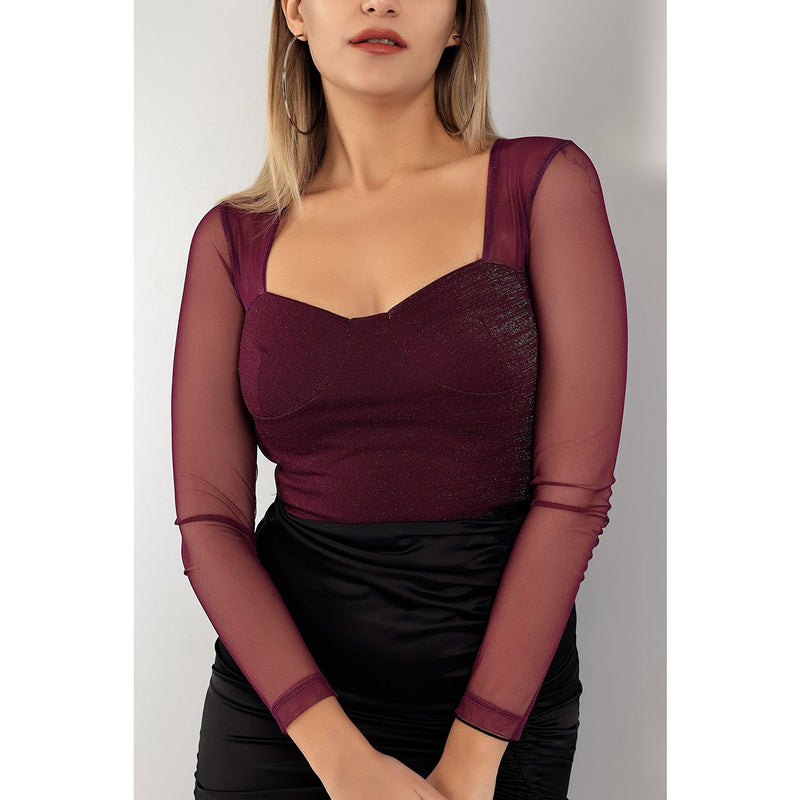 Purple Mesh Ruched Square Neck Top | Montivo Pakistan