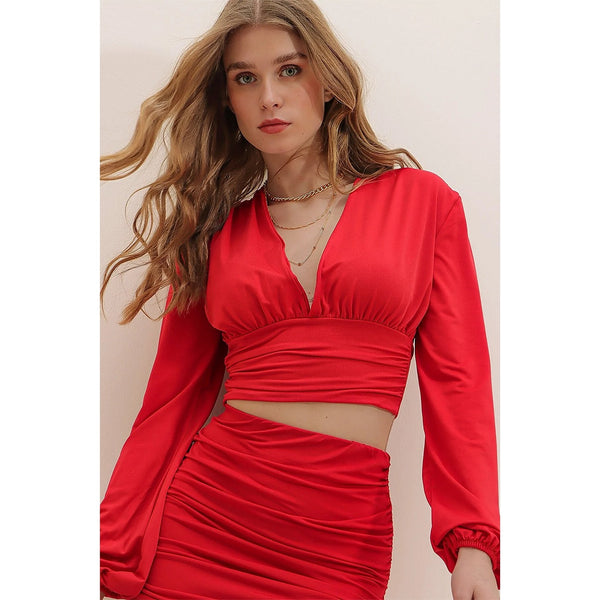 Red Deep Decollete Waist Tape Crop Top | Montivo Pakistan