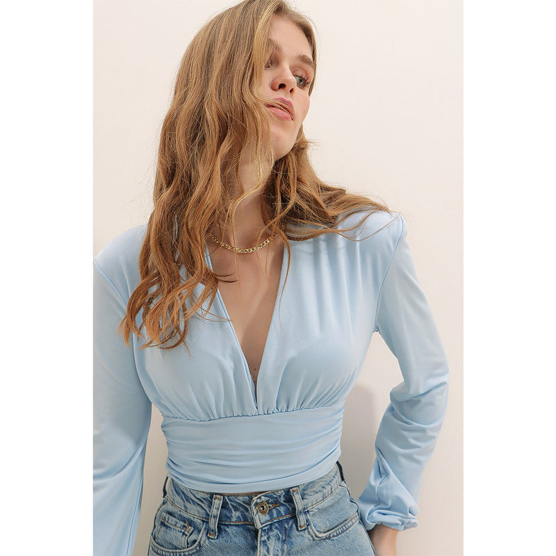 Blue Deep Decollete Waist Tape Crop Top | Montivo Pakistan