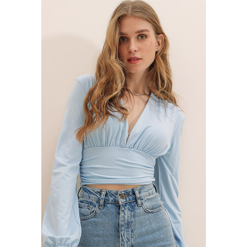 Blue Deep Decollete Waist Tape Crop Top | Montivo Pakistan