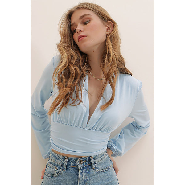 Blue Deep Decollete Waist Tape Crop Top | Montivo Pakistan