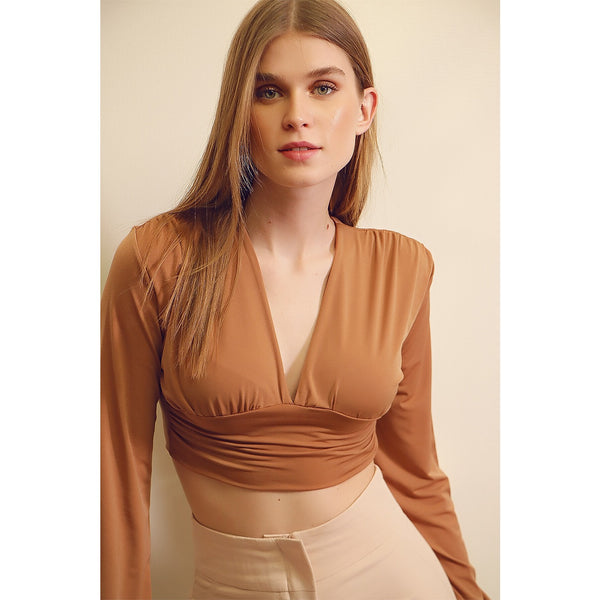 Light Camel Deep Decollete Waist Tape Crop Top | Montivo Pakistan