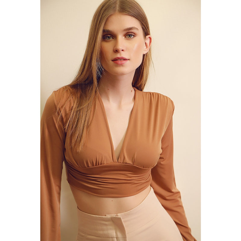 Light Camel Deep Decollete Waist Tape Crop Top | Montivo Pakistan