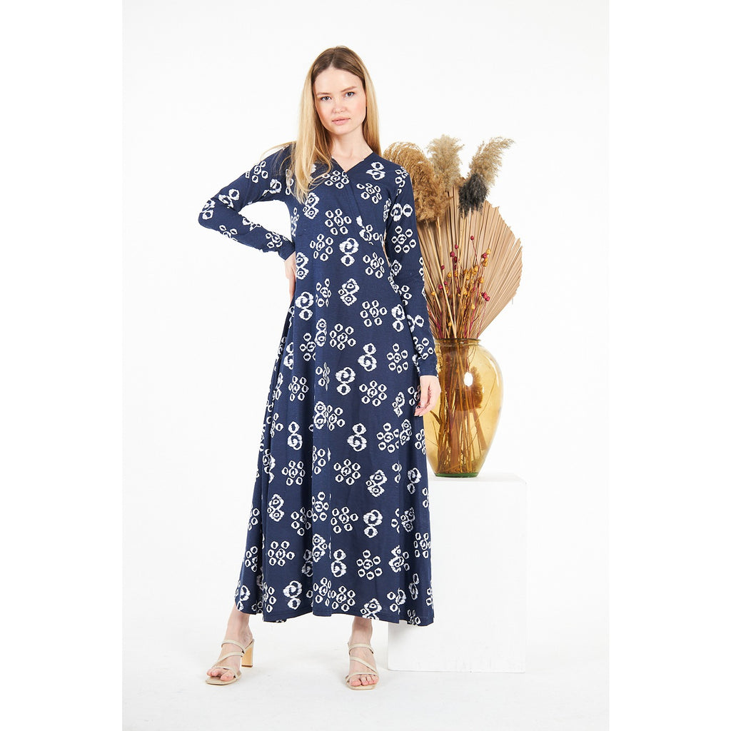 Blue Printed Double Breasted Long Dress | Montivo Pakistan