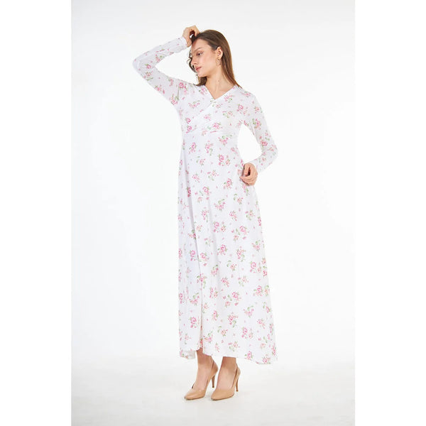White Double Breasted Floral Long Dress | Montivo Pakistan