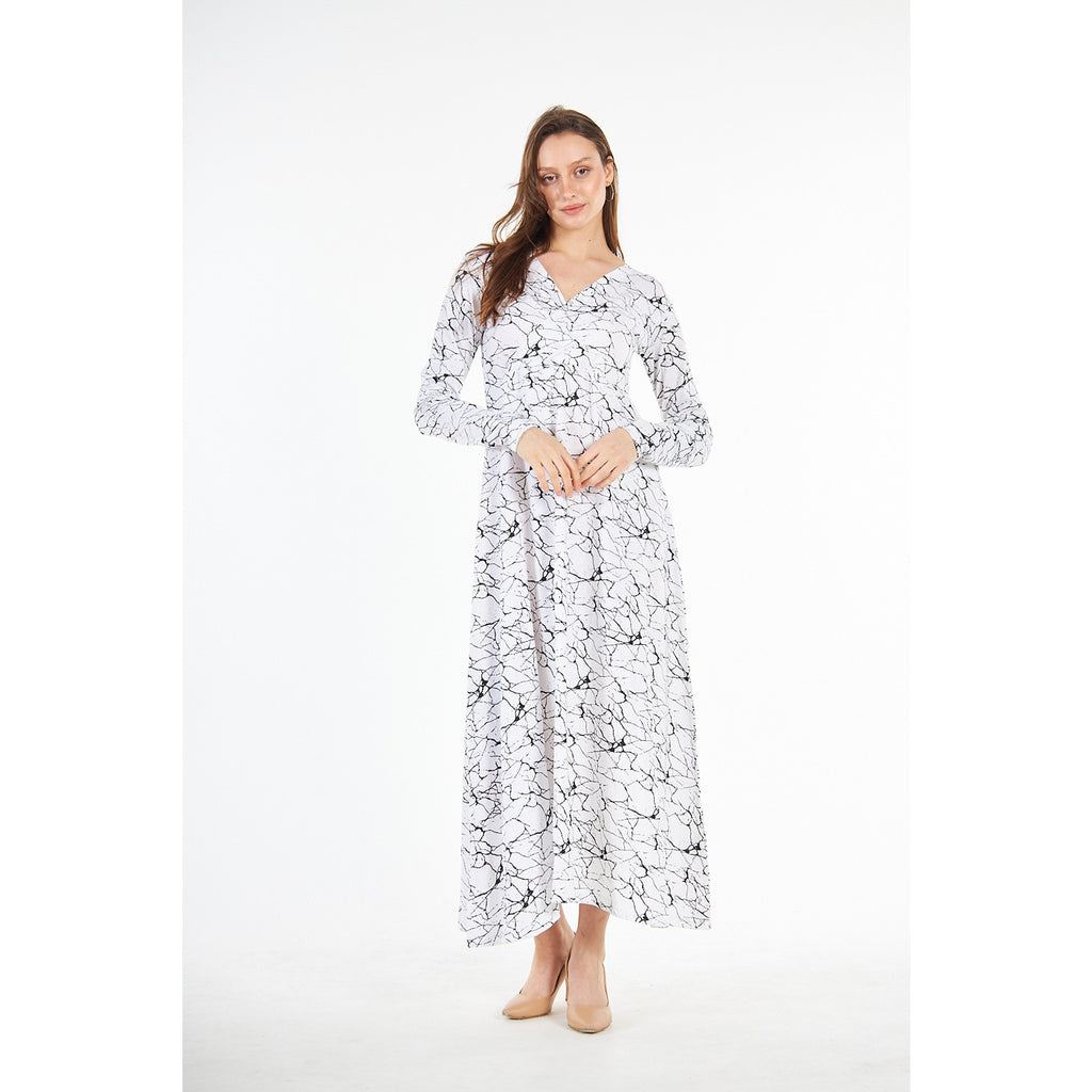 White Double Breasted Printed Long Dress | Montivo Pakistan
