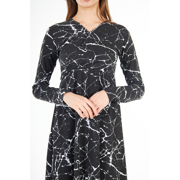 Black Printed Double Breasted Long Dress | Montivo Pakistan