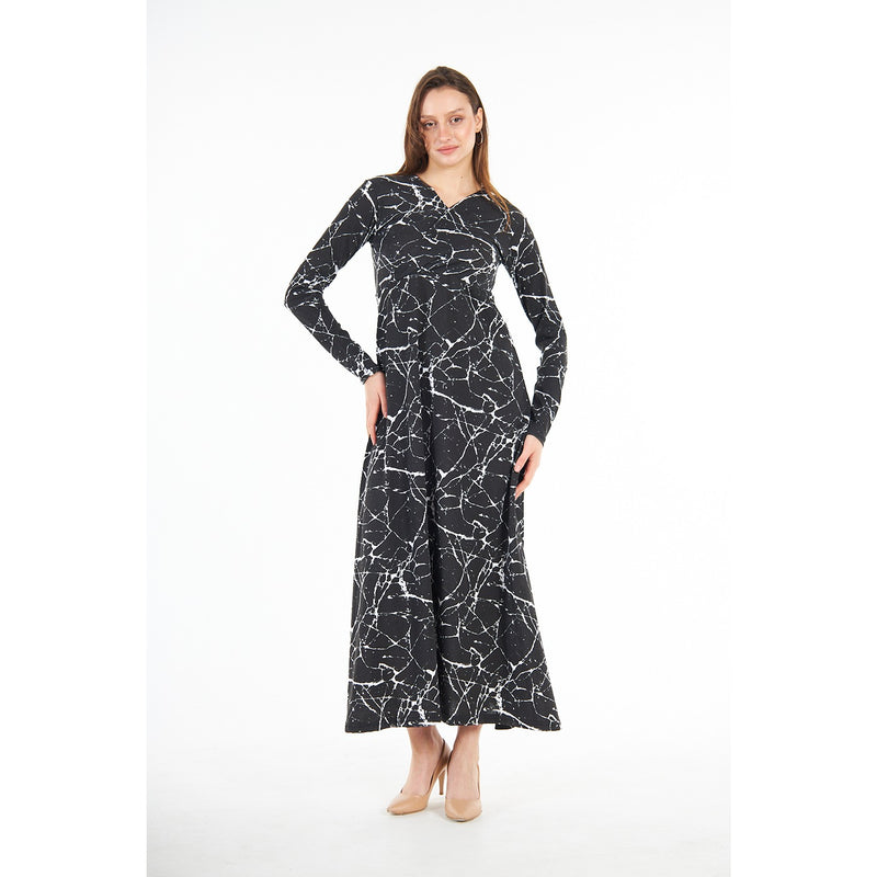 Black Printed Double Breasted Long Dress | Montivo Pakistan