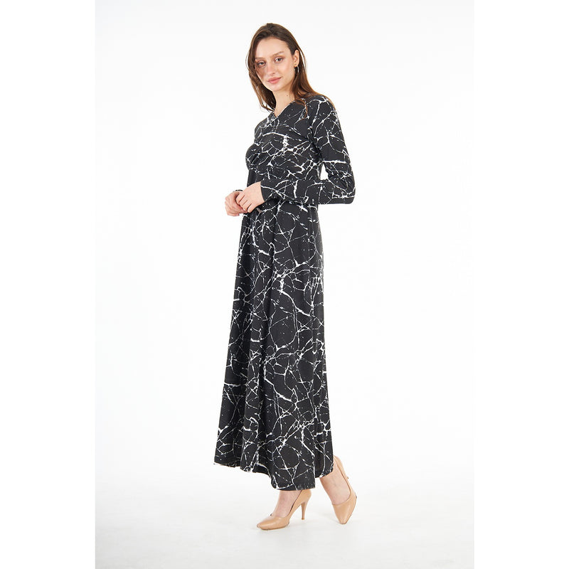 Black Printed Double Breasted Long Dress | Montivo Pakistan