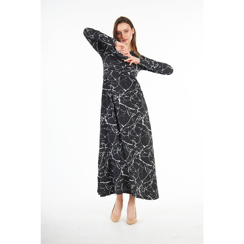 Black Printed Double Breasted Long Dress | Montivo Pakistan