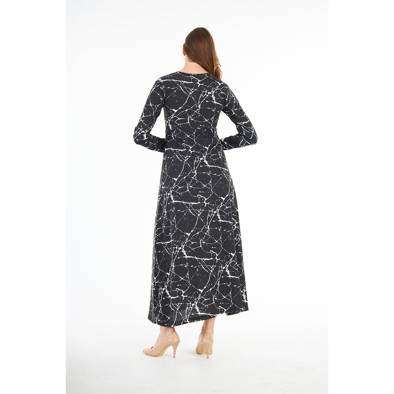Black Printed Double Breasted Long Dress | Montivo Pakistan