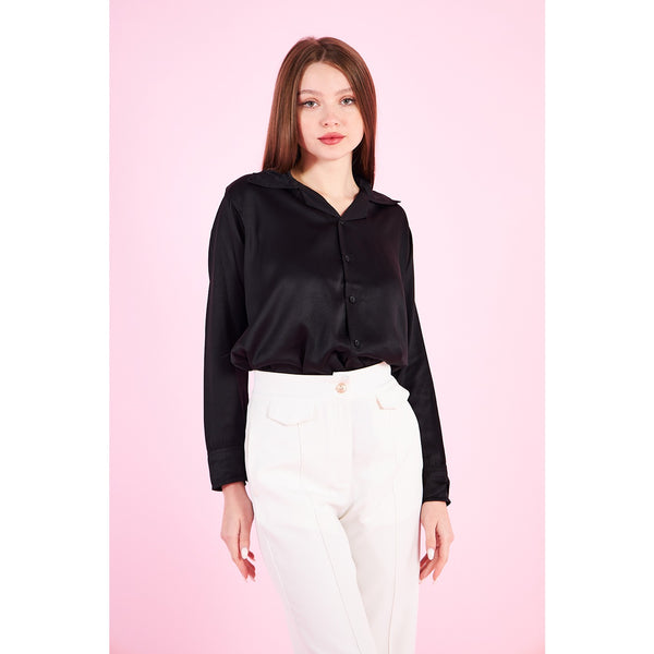 Black Cuban Collar Satin Shirt | Montivo Pakistan