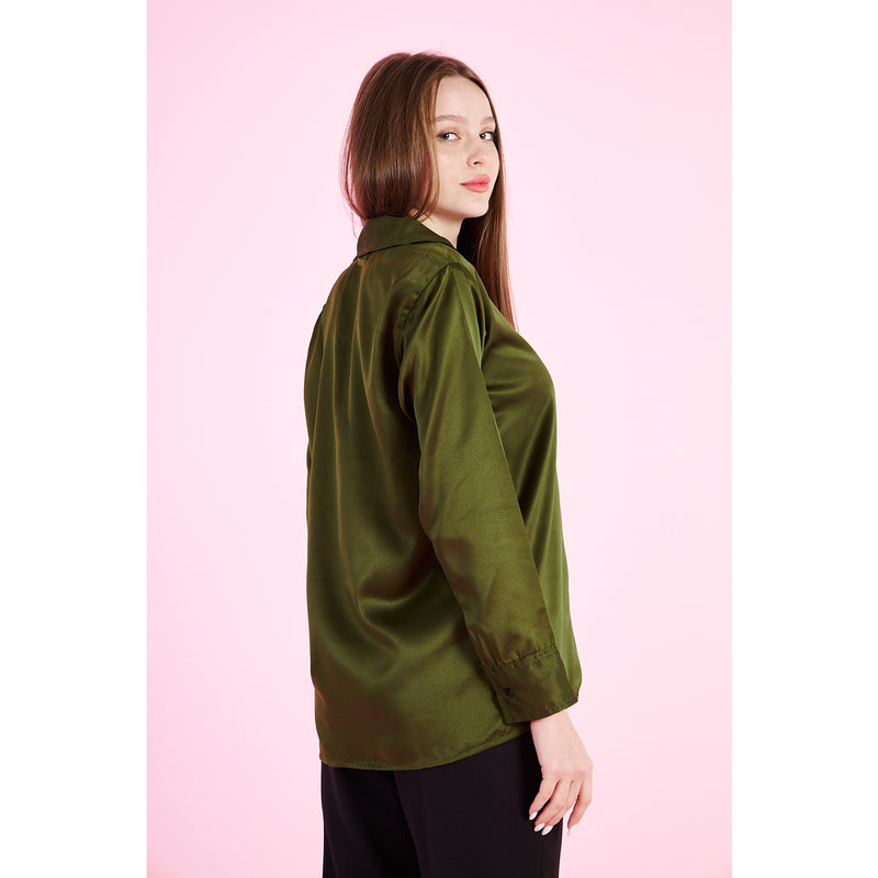 Olive Cuban Collar Satin Shirt | Montivo Pakistan