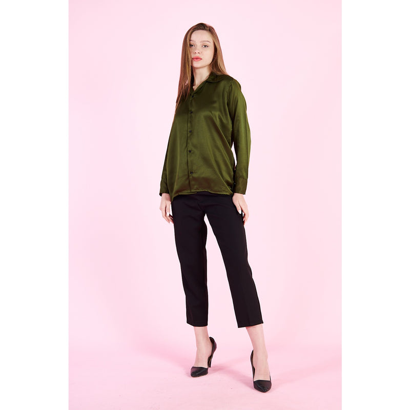 Olive Cuban Collar Satin Shirt | Montivo Pakistan