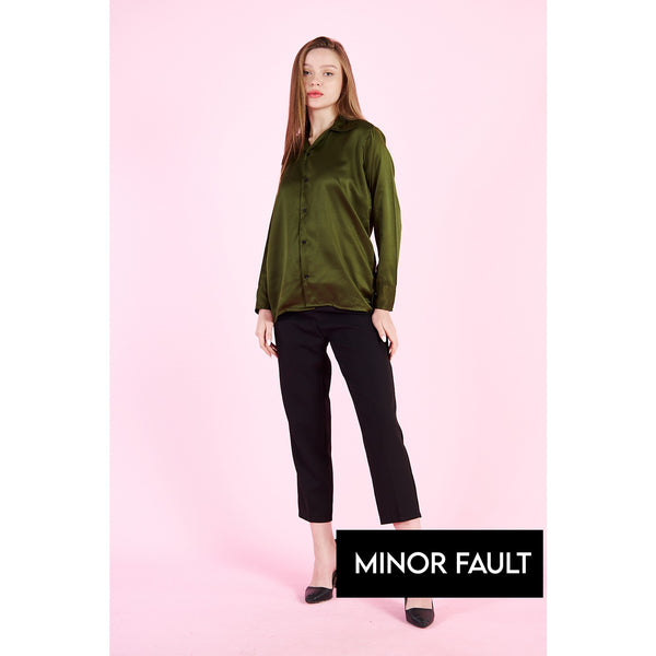 (Minor Fault) Olive Cuban Collar Satin Shirt | Montivo Pakistan