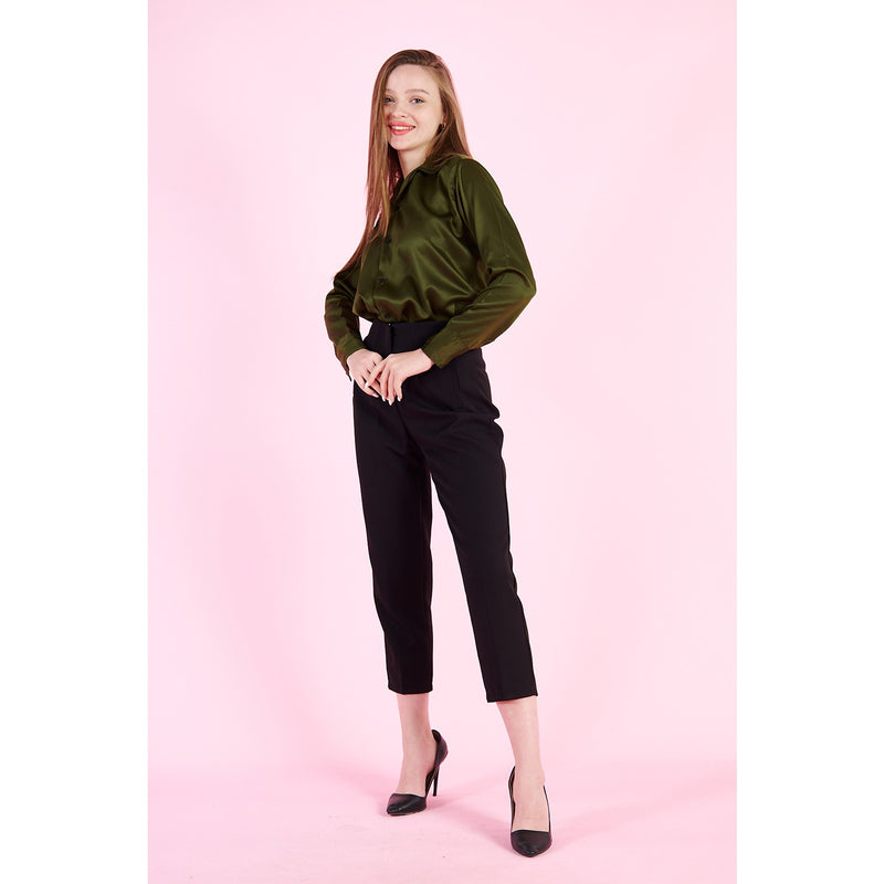 Olive Cuban Collar Satin Shirt | Montivo Pakistan