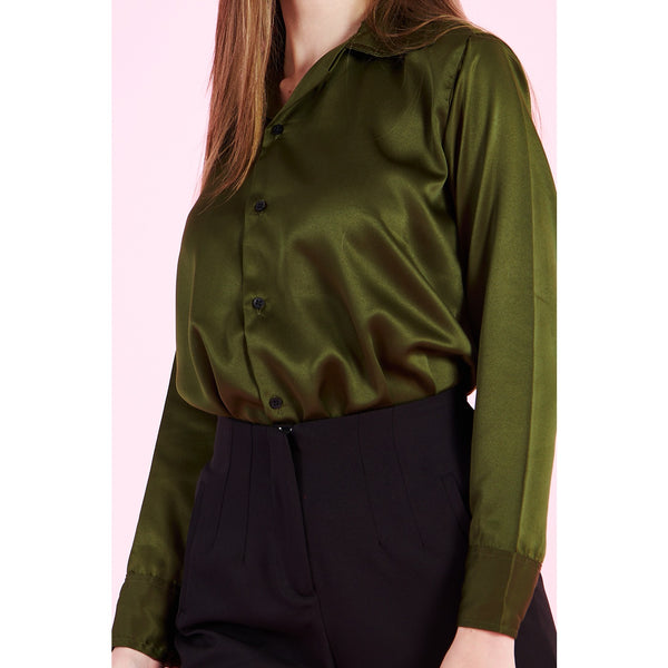 Olive Cuban Collar Satin Shirt | Montivo Pakistan
