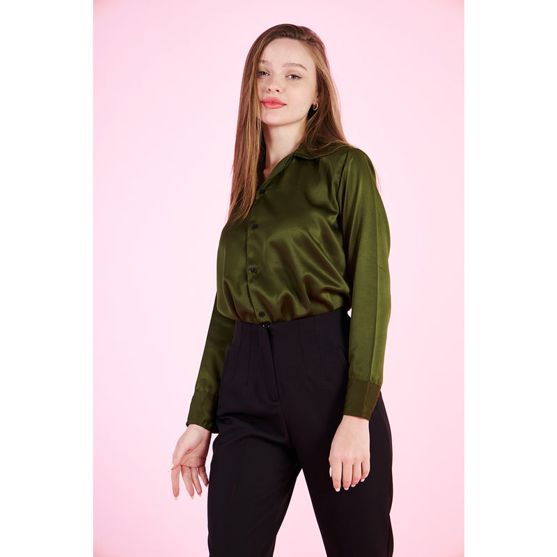 Olive Cuban Collar Satin Shirt | Montivo Pakistan