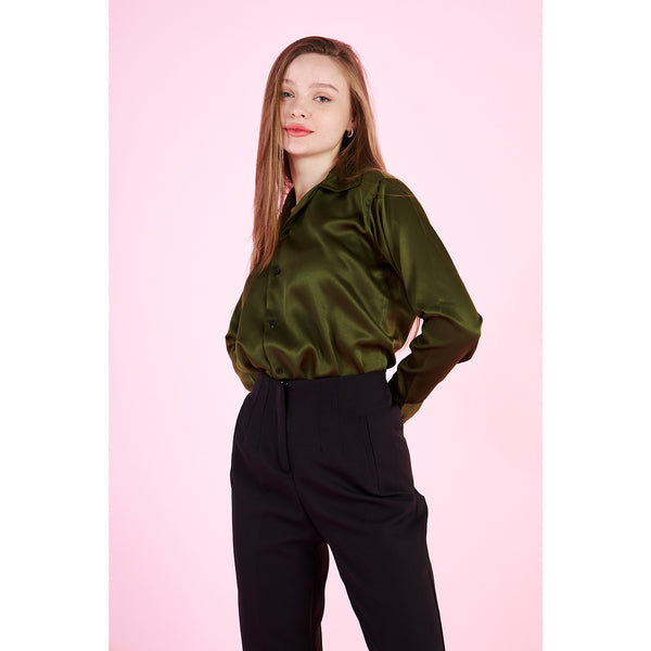 Olive Cuban Collar Satin Shirt | Montivo Pakistan