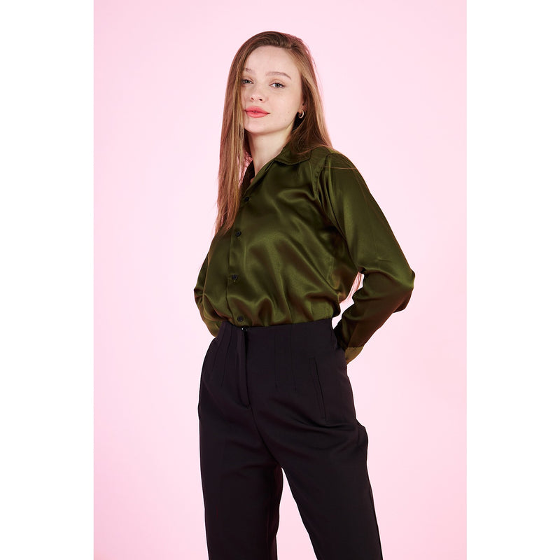Olive Cuban Collar Satin Shirt | Montivo Pakistan