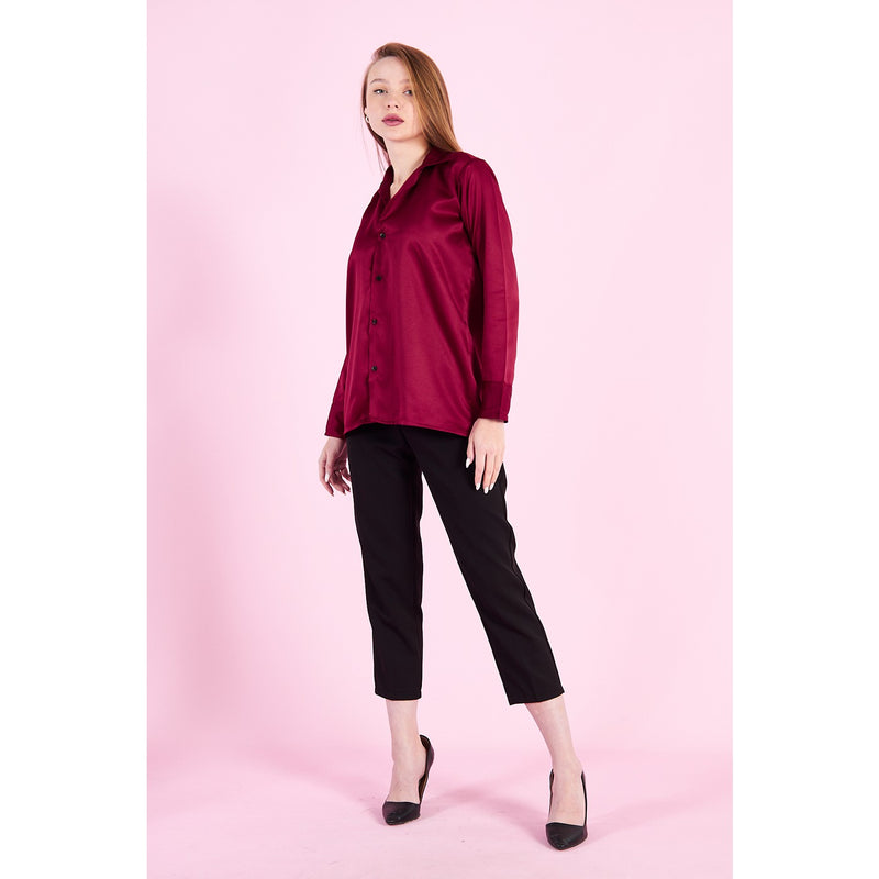 Burgundy Cuban Collar Satin Shirt | Montivo Pakistan