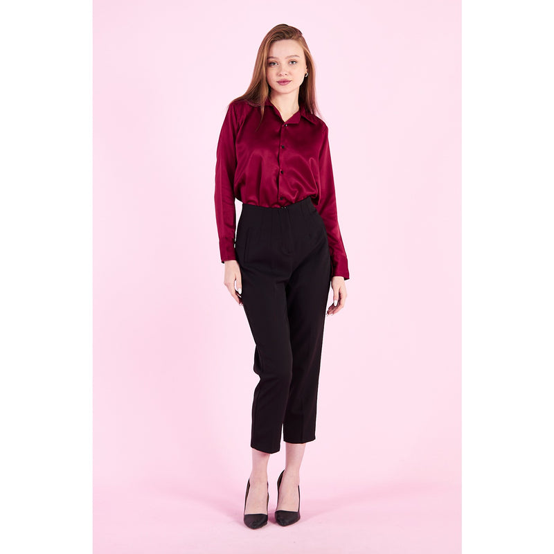 Burgundy Cuban Collar Satin Shirt | Montivo Pakistan