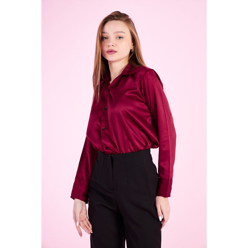 Burgundy Cuban Collar Satin Shirt | Montivo Pakistan