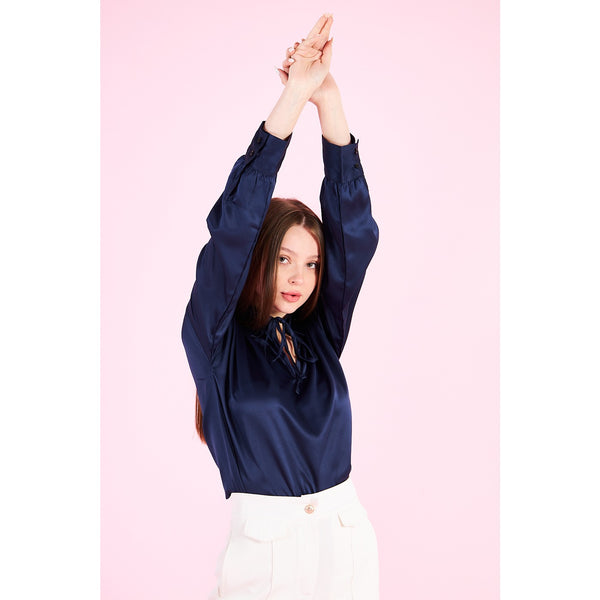 Blue Knotted Collar Satin Top | Montivo Pakistan