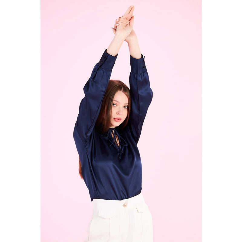 Blue Knotted Collar Satin Top | Montivo Pakistan
