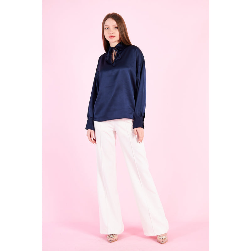 Blue Knotted Collar Satin Top | Montivo Pakistan